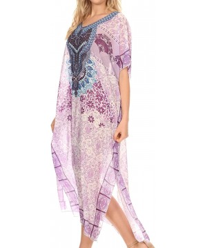 Astryd Women's Flowy Maxi Long Caftan Dress Cover Up with Rhinestone - Tile Purple - CJ18SMWTLNE $27.40-Cover-Ups