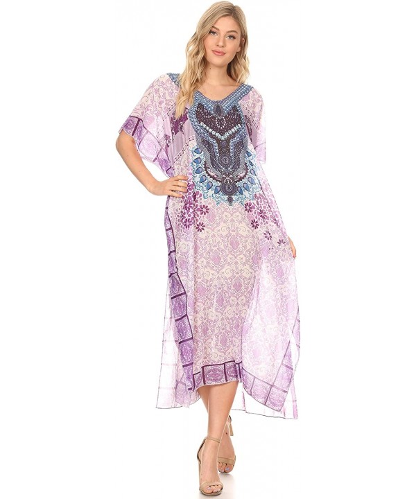 Astryd Women's Flowy Maxi Long Caftan Dress Cover Up with Rhinestone - Tile Purple - CJ18SMWTLNE $27.40-Cover-Ups