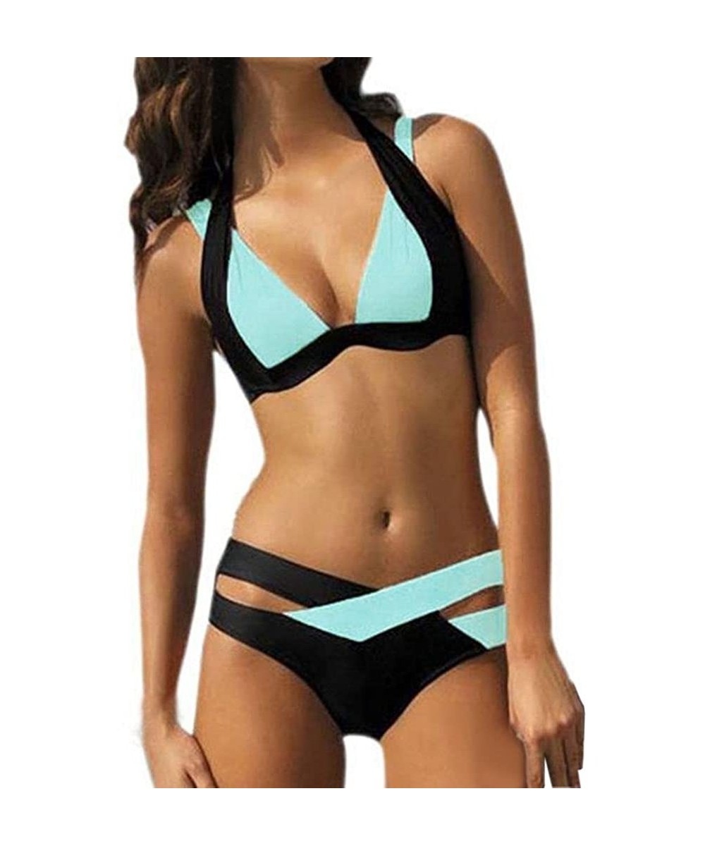 Swimsuit Sexy 2 Piece Bikini Women Swim Beachwear Print Bandage Swimsuit - Sky Blue - C1196OTL6ZA $14.23-Sets