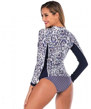 Women's Long Sleeve Sun Protection Rash Guards Sunshade Two Piece Tankini Swimsuit Set for Women Patchwork Print Blue - CC18U...