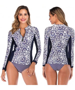 Women's Long Sleeve Sun Protection Rash Guards Sunshade Two Piece Tankini Swimsuit Set for Women Patchwork Print Blue - CC18U...