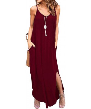 Summer Casual Maxi Dresses Cover Up Long Cami Sleeveless Beach Dress with Pocket for Women - Wine Red - CA18TKGZRI0 $29.09-Co...