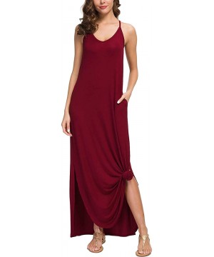 Summer Casual Maxi Dresses Cover Up Long Cami Sleeveless Beach Dress with Pocket for Women - Wine Red - CA18TKGZRI0 $29.09-Co...