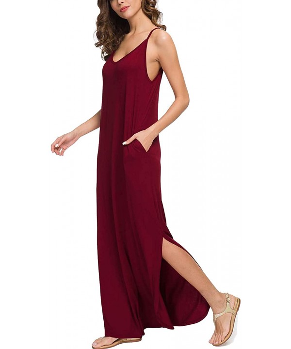 Summer Casual Maxi Dresses Cover Up Long Cami Sleeveless Beach Dress with Pocket for Women - Wine Red - CA18TKGZRI0 $29.09-Co...