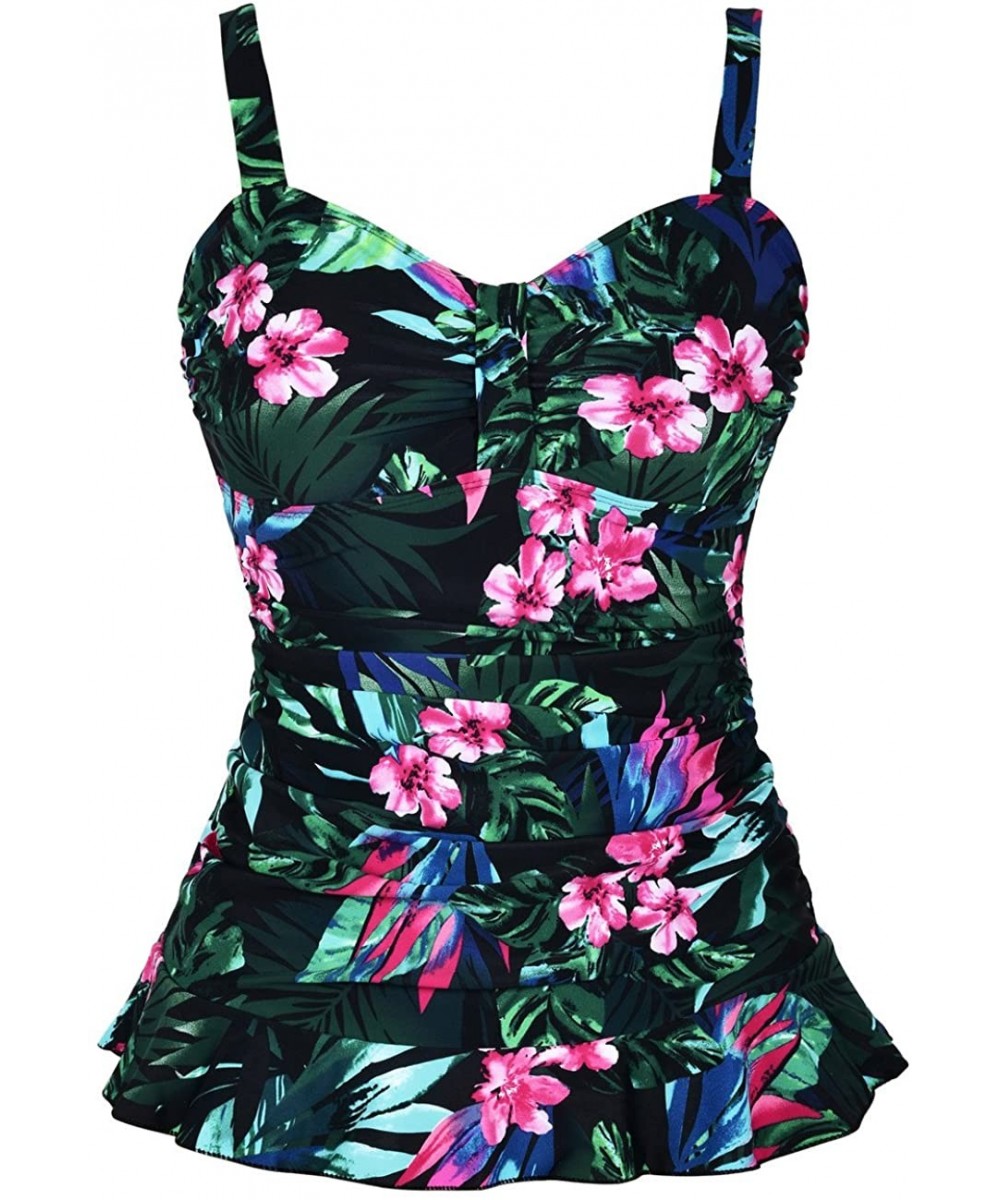 Women's 50's Retro Ruched Tankini Swimsuit Top with Ruffle Hem - Green&red Floral - CZ18CXHQNQ5 $24.18-Tankinis