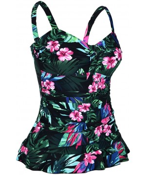 Women's 50's Retro Ruched Tankini Swimsuit Top with Ruffle Hem - Green&red Floral - CZ18CXHQNQ5 $24.18-Tankinis