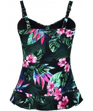 Women's 50's Retro Ruched Tankini Swimsuit Top with Ruffle Hem - Green&red Floral - CZ18CXHQNQ5 $24.18-Tankinis