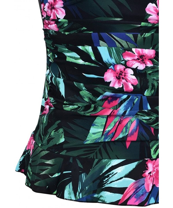 Women's 50's Retro Ruched Tankini Swimsuit Top with Ruffle Hem - Green&red Floral - CZ18CXHQNQ5 $24.18-Tankinis