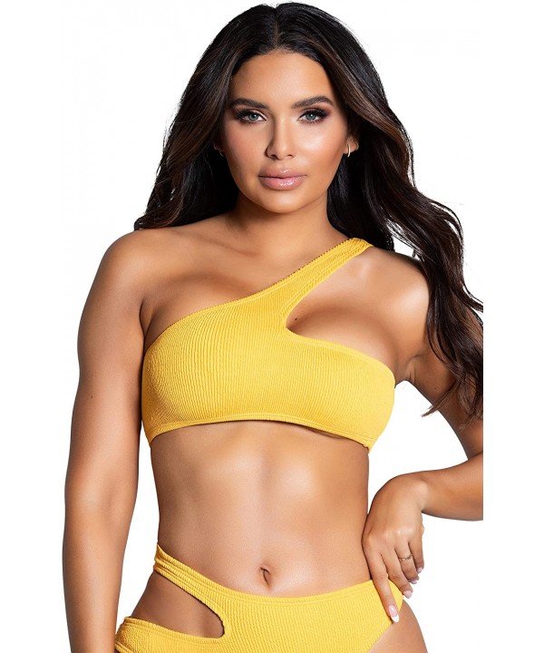 One Shoulder Style Vertial Ribbed Stretch Swimwear Women Top - Mustard - CQ199MH72NH $21.48-Tops