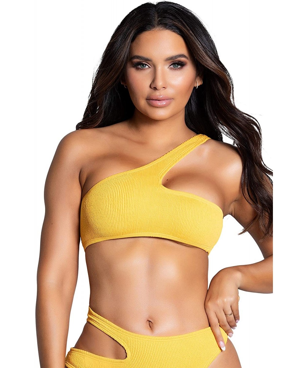 One Shoulder Style Vertial Ribbed Stretch Swimwear Women Top - Mustard - CQ199MH72NH $21.48-Tops