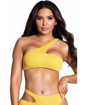 One Shoulder Style Vertial Ribbed Stretch Swimwear Women Top - Mustard - CQ199MH72NH $21.48-Tops