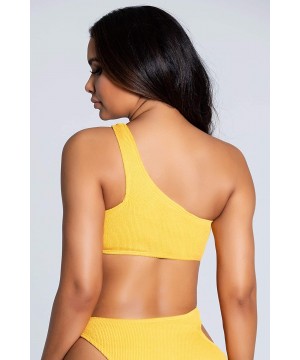 One Shoulder Style Vertial Ribbed Stretch Swimwear Women Top - Mustard - CQ199MH72NH $21.48-Tops