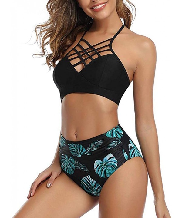 Women Two Piece Bathing Suits Solid Halter Bikini Top Vintage Bohemia Print High Waisted Bikini Bottoms Swimsuit - Z-g-black ...