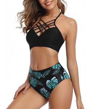 Women Two Piece Bathing Suits Solid Halter Bikini Top Vintage Bohemia Print High Waisted Bikini Bottoms Swimsuit - Z-g-black ...