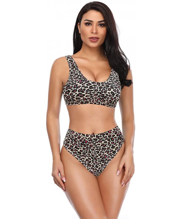 Women's Sport Low Scoop Crop Top High Waisted Bottom Two Piece Swimsuits - Leopard Print - B - C418AIWRE95 $27.98-Sets