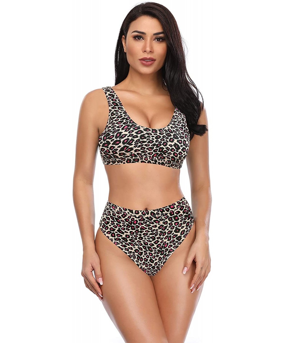 Women's Sport Low Scoop Crop Top High Waisted Bottom Two Piece Swimsuits - Leopard Print - B - C418AIWRE95 $27.98-Sets