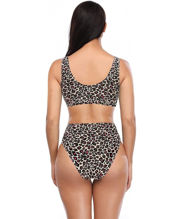 Women's Sport Low Scoop Crop Top High Waisted Bottom Two Piece Swimsuits - Leopard Print - B - C418AIWRE95 $27.98-Sets