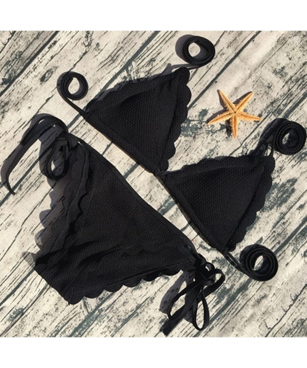 Women's 2 Piece Bikini Set Sexy Push-Up Padded Bra Swimwear Petals Solid Side Lace-up Wavy Edge Swimsuit - Black - CZ199GG89Q...