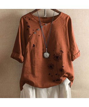 Floral Print Shirt- Womens Summer Fashion Bohemian Short Sleeve Linen O-Neck Plus Size Loose Tank Tops - Orange B - CL1906TMR...