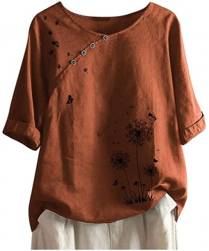 Floral Print Shirt- Womens Summer Fashion Bohemian Short Sleeve Linen O-Neck Plus Size Loose Tank Tops - Orange B - CL1906TMR...