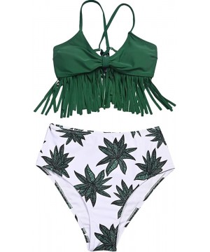 Swimsuit for Women Two Pieces Retro Fringe Bathing Suits Top Ruffled Racerback with High Waisted Bottom Tankini Set - Green -...