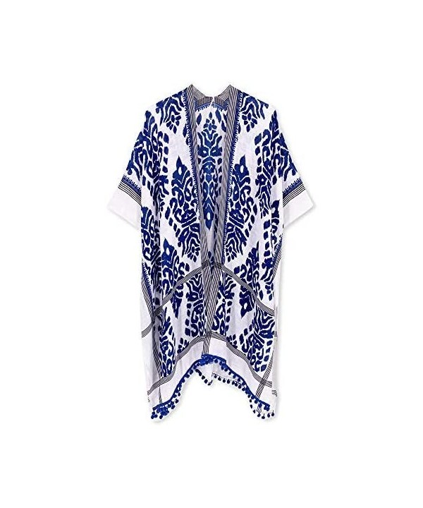 Swimsuit Cover ups for Women Open-Front Kimono Cardigan with Vintage Print - Navy-white - C419CMIXYRE $25.56-Cover-Ups