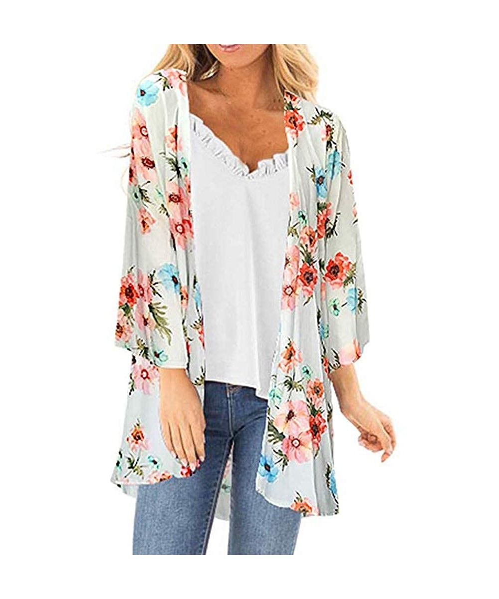 Womens Kimono Cardigan- Midi Length Chiffon Shawl Floral Print Top Cover Up Blouse Smock - 9 Blue - C418TR9QZ29 $16.57-Cover-Ups