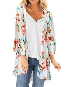 Womens Kimono Cardigan- Midi Length Chiffon Shawl Floral Print Top Cover Up Blouse Smock - 9 Blue - C418TR9QZ29 $16.57-Cover-Ups