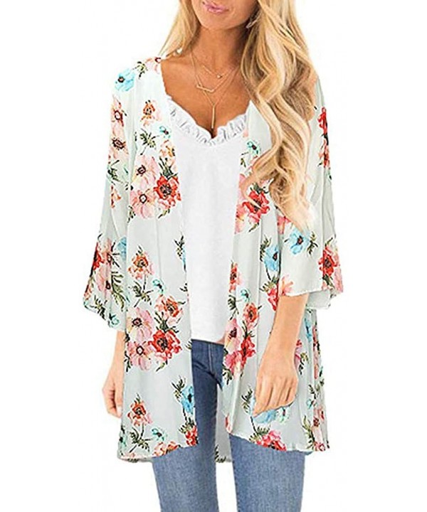 Womens Kimono Cardigan- Midi Length Chiffon Shawl Floral Print Top Cover Up Blouse Smock - 9 Blue - C418TR9QZ29 $16.57-Cover-Ups