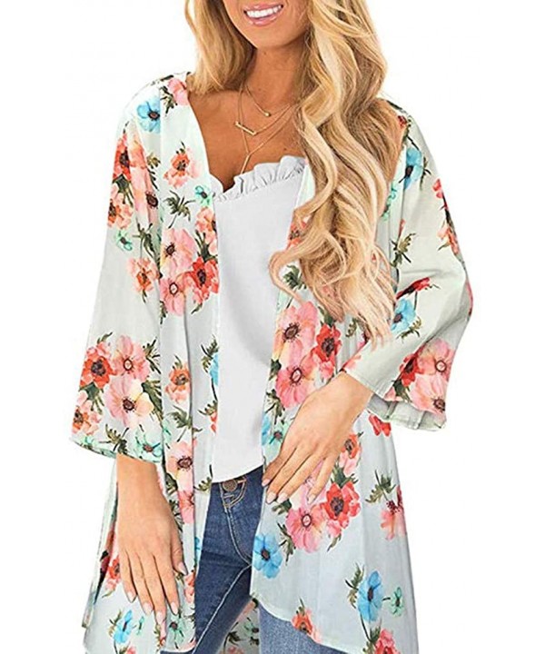 Womens Kimono Cardigan- Midi Length Chiffon Shawl Floral Print Top Cover Up Blouse Smock - 9 Blue - C418TR9QZ29 $16.57-Cover-Ups