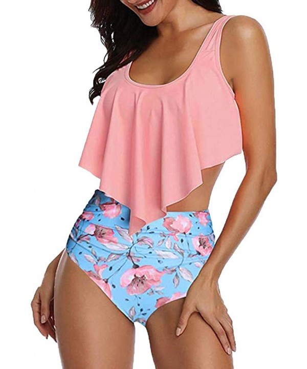 Floral Printed High Waisted Bikini Set Womens Tummy Control 2PC Bathing Suit Ruffle Swimsuit Flounce Peplum Swimwear - 1-pink...