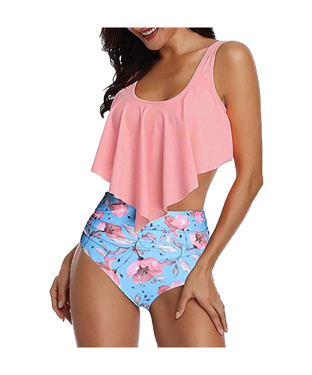 Floral Printed High Waisted Bikini Set Womens Tummy Control 2PC Bathing Suit Ruffle Swimsuit Flounce Peplum Swimwear - 1-pink...