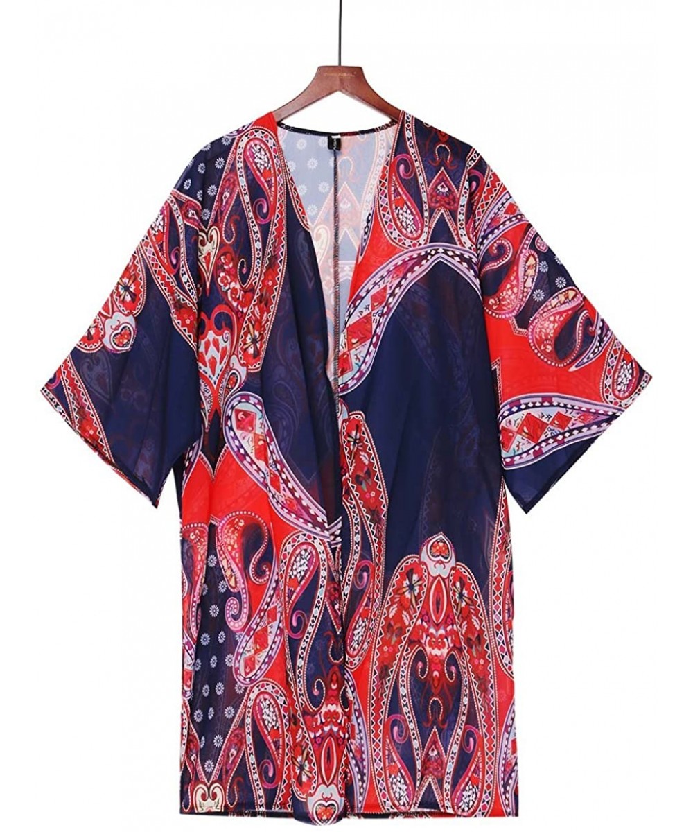 Women Chiffon Swimsuit Cover Ups Floral Kimono Casual Loose Open Front Cardigan - Orange Boho - CZ18EU7R3RR $7.45-Cover-Ups