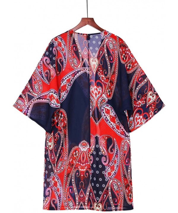 Women Chiffon Swimsuit Cover Ups Floral Kimono Casual Loose Open Front Cardigan - Orange Boho - CZ18EU7R3RR $7.45-Cover-Ups