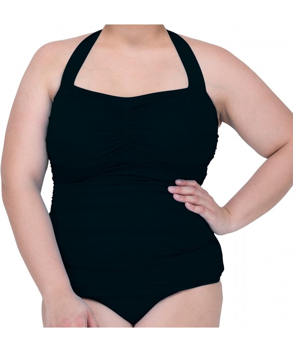 Women's Hypoallergenic Latex-Free Shirred Halter Maillot Swimsuit - Black - CI184WIZWOG $57.61-Racing