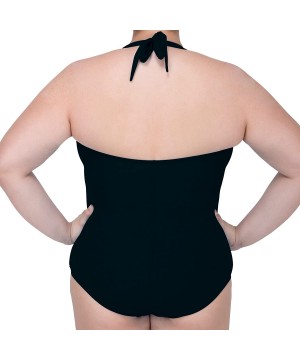 Women's Hypoallergenic Latex-Free Shirred Halter Maillot Swimsuit - Black - CI184WIZWOG $57.61-Racing