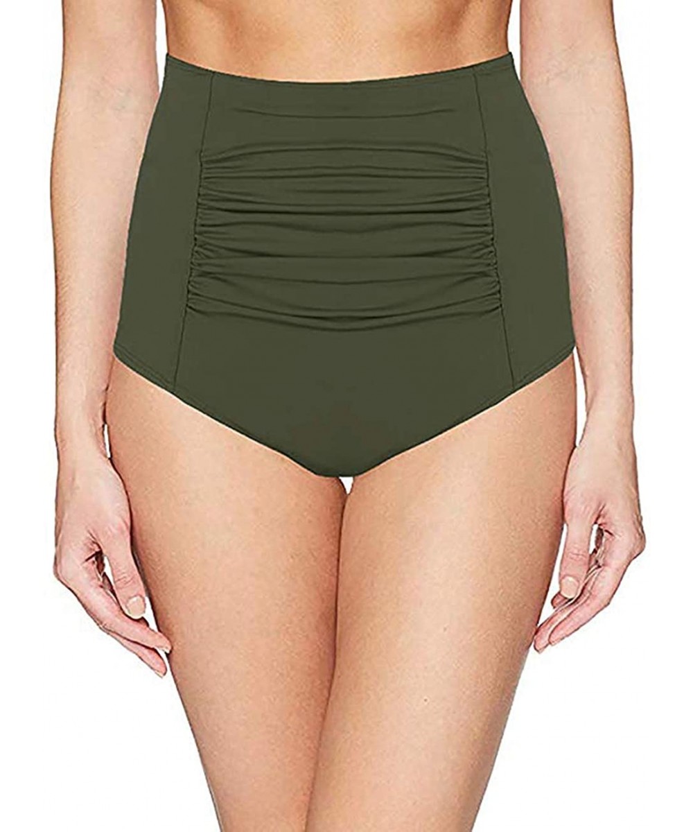 Women's High Waisted Bikini Bottom Tummy Control Ruched Tankini Swimsuit Briefs - Army Green - CD18NE96YEY $20.20-Bottoms