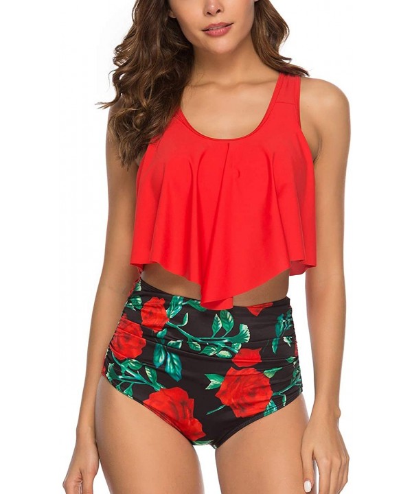 Women's Plus Size Ruffled Flounce Bikini Top Two Piece Print Swimsuit Bathing Suit - Red - C118Q8KY5WD $26.61-Sets