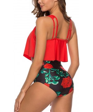 Women's Plus Size Ruffled Flounce Bikini Top Two Piece Print Swimsuit Bathing Suit - Red - C118Q8KY5WD $26.61-Sets