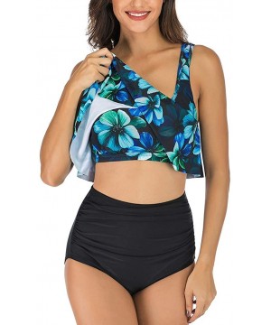 Swimsuits for Women Two Piece Tankini Flounce Top Tummy Control High Waisted Bottom Swimming Bathing Suits Bikini Set - Blue ...