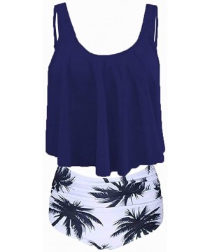 Women Swimsuit Two Pieces Top Ruffled Backless Racerback with High Waisted Bottoms Multi Color Tankini Set 2 navy - CT194XMWW...