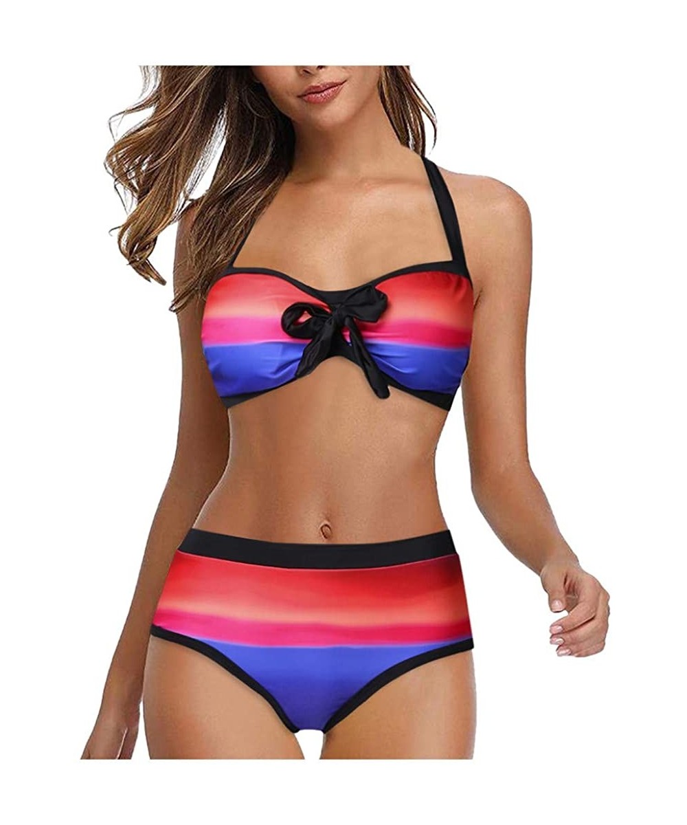 Women Stripes Halter Push Up Twist Bandeau Bikini Set Two Piece Swimsuits - Red - CV1966A6435 $18.48-Sets