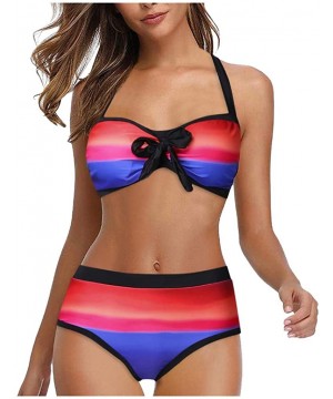 Women Stripes Halter Push Up Twist Bandeau Bikini Set Two Piece Swimsuits - Red - CV1966A6435 $18.48-Sets