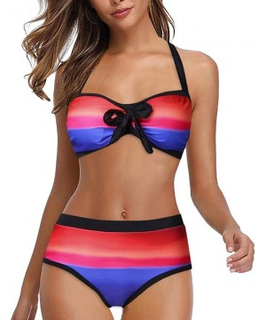 Women Stripes Halter Push Up Twist Bandeau Bikini Set Two Piece Swimsuits - Red - CV1966A6435 $18.48-Sets