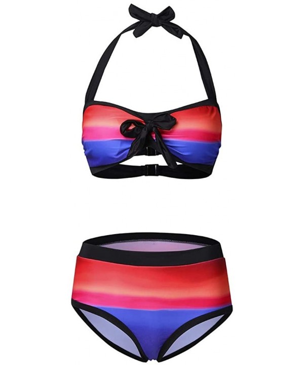 Women Stripes Halter Push Up Twist Bandeau Bikini Set Two Piece Swimsuits - Red - CV1966A6435 $18.48-Sets