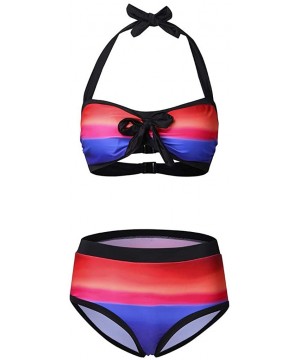 Women Stripes Halter Push Up Twist Bandeau Bikini Set Two Piece Swimsuits - Red - CV1966A6435 $18.48-Sets