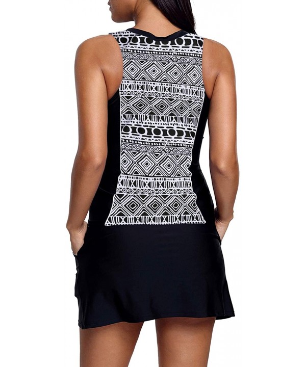 Womens Two Piece Print Zip Tankini Swimsuit with Skirt Bathing Suits - Black Geometry 1 - C81963WNANX $20.78-Tankinis