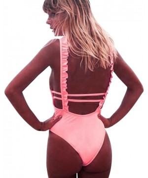 Vanvler ( Swimwear Women One Piece Backless ) Ladies ( Push up Padded Bra Swimsuit ) Ruffle Decor (L Pink) Pink - CR18EM8NW2C...