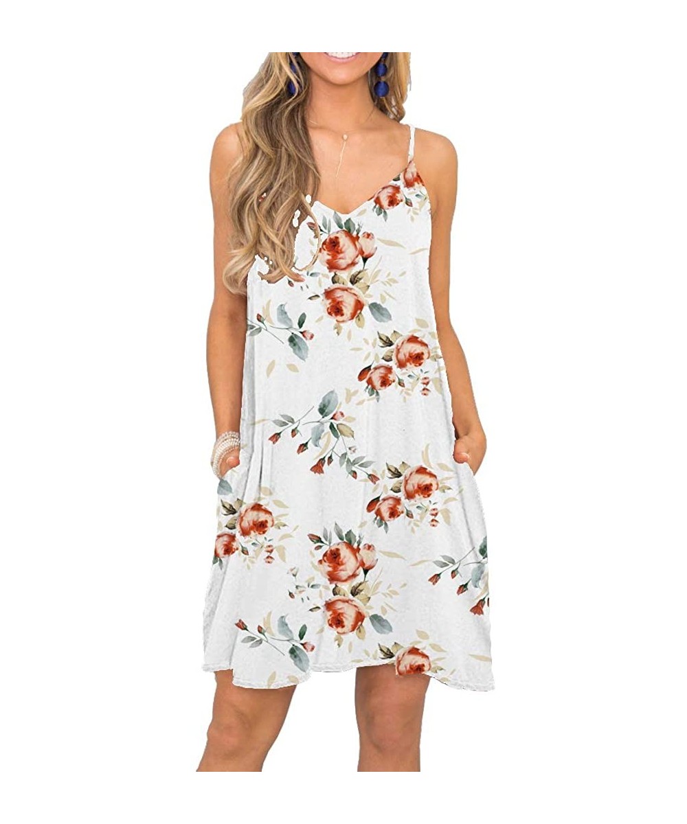 Women's Summer Spaghetti Strap Casual Swing Tank Beach Cover Up Dress with Pockets - Rose White - CR18QR67YK2 $20.34-Cover-Ups