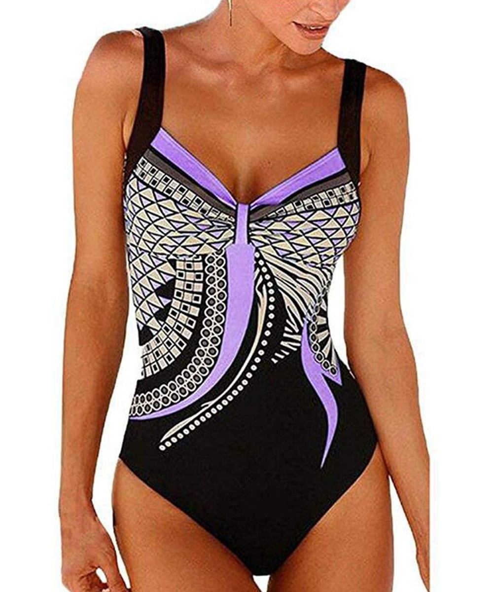 Women Vintage Tribal Print One Piece Swimsuit Padded Swimwear Push Up Bathing Suit Monokini - Purple - CI18M0Q5RXN $36.63-One...